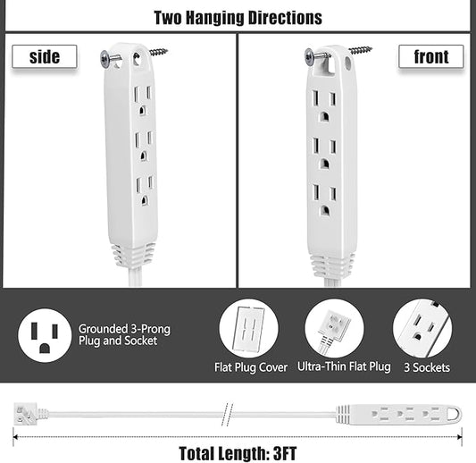 CABOCASA 2 Pack 3FT Flat Plug Extension Cord Power Strip with 3 Outlets, Patented Detachable Ultra-Thin Outlet Cover Concealer & Ultra-Flat Plug, Max. 13A 125V 1625W ETL Listed, White Color