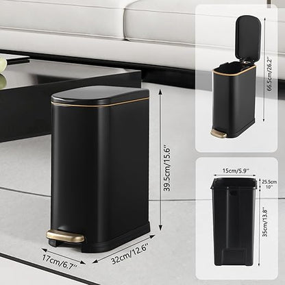ELPHECO Bathroom Trash Can with Lid Soft Close, 3.5 Gallon / 13.5 Litre Stainless Steel Pedel Garbage Can with Removable Inner Bucket, Wastebasket for Bathroom, Office, Bedroom, Matte Black