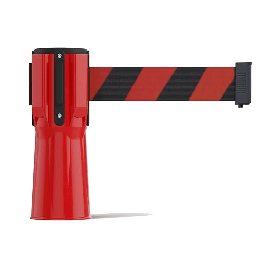 Trafford Industrial 11 ft Cone-Mounted Retractable Belt Barrier Red Case with Black and Red Diagonal Belt