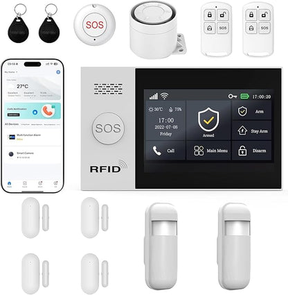 WiFi Wireless Alarm System for Home Security - 24/7 Protection Smart Home Devices 4.3" Touch Screen, GSM/4G+WiFi, App Instant Alerts, No Monthly Fee, Alexa Compatible for Villa, Kids Safety (13 pcs)
