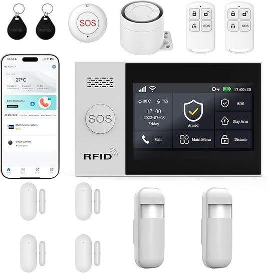 WiFi Wireless Alarm System for Home Security - 24/7 Protection Smart Home Devices 4.3" Touch Screen, GSM/4G+WiFi, App Instant Alerts, No Monthly Fee, Alexa Compatible for Villa, Kids Safety (13 pcs)