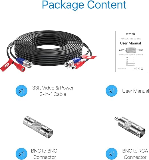 ZOSI 1 Pack 33ft (10 Meters) All-in-one Video Power Cable,BNC Extension Surveillance Camera Cables for CCTV Video Security DVR Systems (Included 1X BNC Connectors and 1X RCA Adapters)