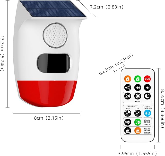 PGST Solar Strobe Alarm Light, Wireless Security Alarm with Remote Control, IP65 Waterproof Solar Powered Siren, 120dB Loud Sound for Home, Farm, Barn, Villa, Yard and Property Safety