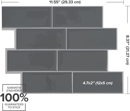 Smart Tiles Peel and Stick backsplash, Subway Charcoal Gray, 11.55"x8.38" | Pack of 5 (2.8 sq ft), Glossy, Heat/Moisture Resistant, Low VOC, Kitchen/Bathroom, Renter Friendly, Made in Canada