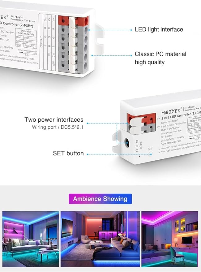 LGIDTECH E3-RF Miboxer 3 in 1 LED Strip Light Controller Tool-Free Wiring,Used for RGB & & RGBW & RGB+CCT LED Strip Light DC 12-24V,Smartphone APP & Voice Control via Gateway(Excluded)