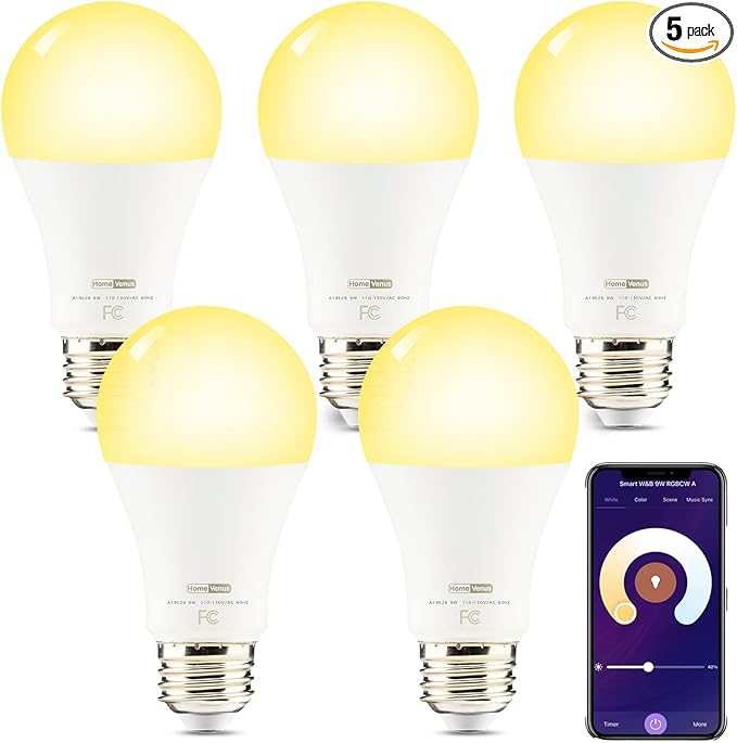 HVS Smart Light Bulbs, 5 Packs 9W A19 E26 Dimmable Tunable Cool Warm White LED Light Bulb 2500k-6500k, APP Control 2.4GHz WiFi(Only) Bluetooth Assist Connection, Work with Alexa/Google Assistant