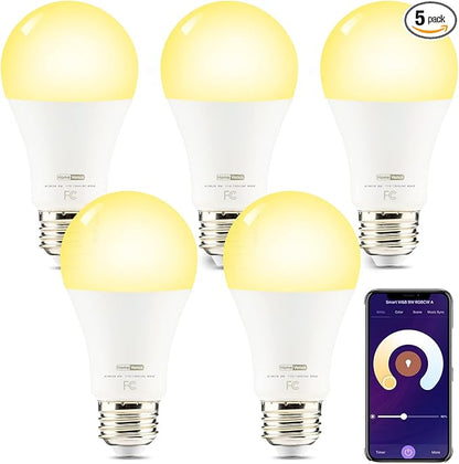 HVS Smart Light Bulbs, 5 Packs 9W A19 E26 Dimmable Tunable Cool Warm White LED Light Bulb 2500k-6500k, APP Control 2.4GHz WiFi(Only) Bluetooth Assist Connection, Work with Alexa/Google Assistant