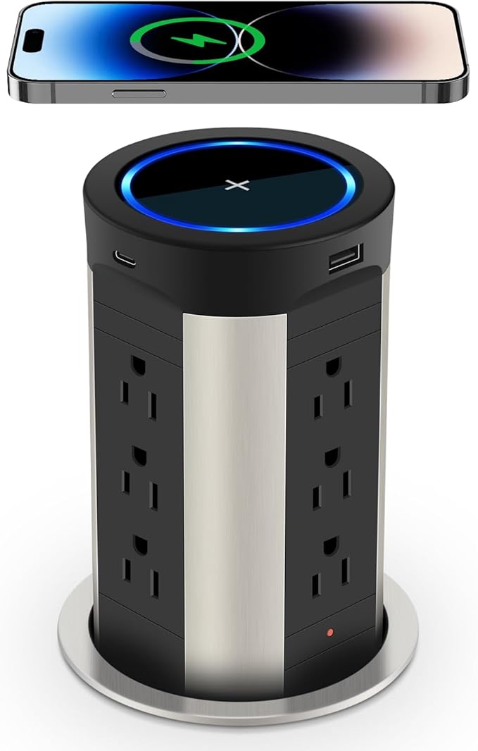 HEZI 4" Pop Up Countertop Outlet with 15W Wireless Charger, Max 45W Power Delivery,15A Tamper Resistant 1200J Surge Protection, Pop Up Electrical Receptacle with 12AC 2 USB-A 2 USB-C for Home Office