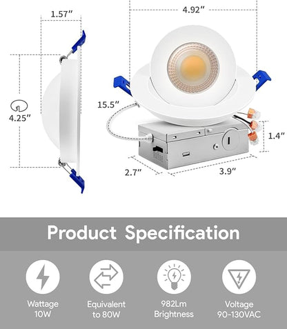 Adetu 4 Inch Gimbal LED Recessed Lights, 360+90 Adjustable Directional Recessed Lighting, 2700K/3000K/3500K/4000K/5000K Dimmable Retrofit Eyeball Can Lights with Jbox, ETL, White, 12 Pack
