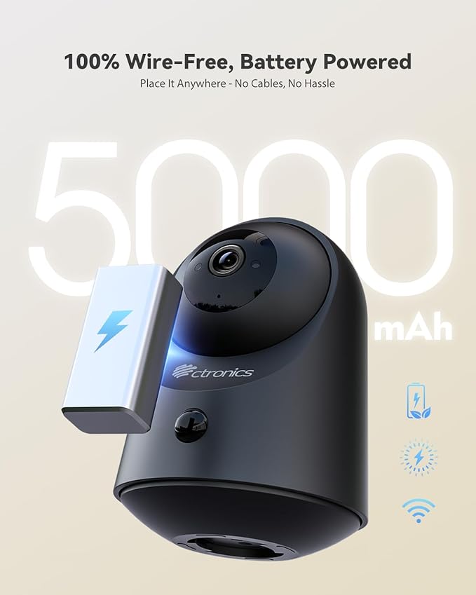 Ctronics 2K 100% Wireless Battery Indoor Security Camera, 20m Infrared Night Vision, App & PC, FTP, 128GB TF Storage/Cloud, PIR Motion Detection, 2.4GHz WiFi, Two-Way Audio, Black