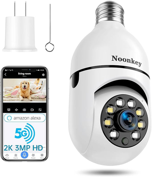 Noonkey 2K/3MP Light Bulb Security Camera, 5G& 2.4GHz WiFi Alexa E27 360° Light Socket Camera for Outdoor, Wireless WiFi Home IP Camera with Motion Tracking Alarm, Color Night Vision,Two-Way Talk