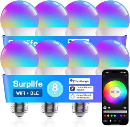 Smart Light Bulbs,Full Color Changing Dimmable LED Bulb,Compatible with Alexa and Google Assistant,UL FCC Certified,2.4GHz WiFi+Bluetooth LED Light Bulbs, Music Sync Smart Home Lighting (8)