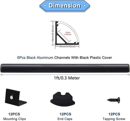 VST LED Channel, V Shape Led Diffuser Channel, LED Aluminum Channel with Black Cover, End Caps and Mounting Clips for LED Strip Light in Home Lighting(6pack 1 ft)