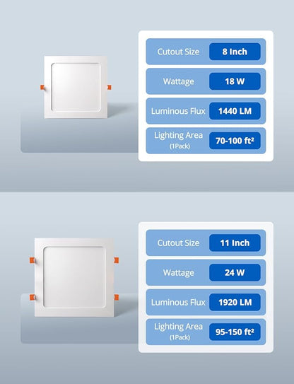 6 Pack 8 Inch Square LED Recessed Ceiling Light 5CCT 2700K - 5000K for Kitchen Retrofit, Ultra Thin Canless Wafer Downlight Damp Rated for Bathroom, 18W Dimmable 1440LM for Basement ETL FCC