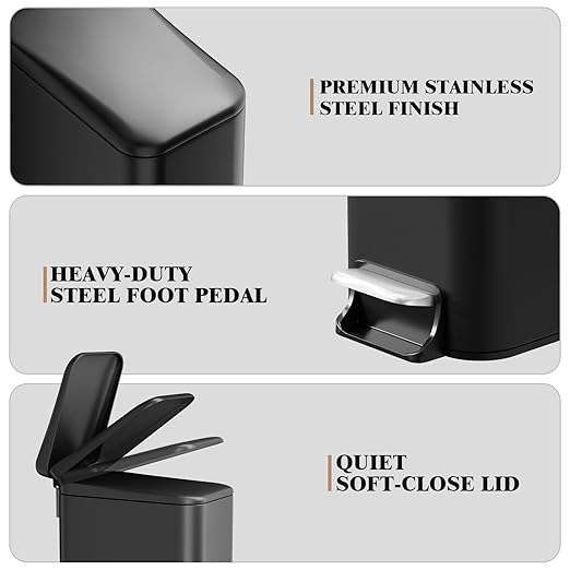 Small Bathroom Trash Can w/Lid Soft Close, 6 Liter/1.6 Gallon Stainless Steel Garbage Can w/Inner Bucket, Trash Bin Waste Basket for Kitchen, Bedroom, Living Room, Office, Toilet, Black