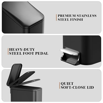 Small Bathroom Trash Can w/Lid Soft Close, 6 Liter/1.6 Gallon Stainless Steel Garbage Can w/Inner Bucket, Trash Bin Waste Basket for Kitchen, Bedroom, Living Room, Office, Toilet, Black