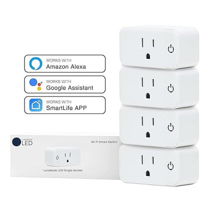 4 Pack Smart Home Wi-Fi Plugs - Alexa & Google Home Compatible, White, Toggle Switch, Automatic Operation