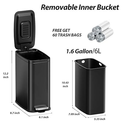 1.6 Gallon Bathroom Trash Can with Lid Soft Close, Small Black Stainless Steel Step Pedal Garbage Can, Removable Inner Bucket, Includes 60 Trash Bags