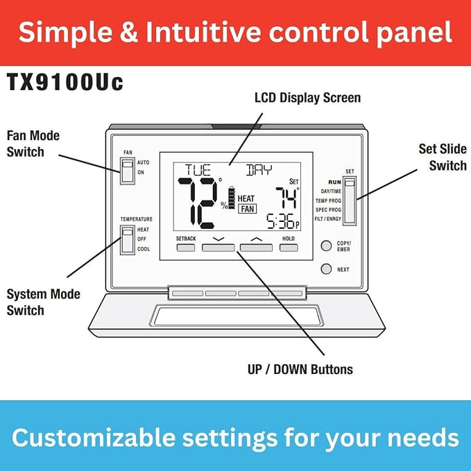 LTX9100U Programmable 7-Day Thermostat, 2-Heat/2-Cool
