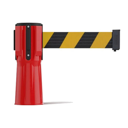 Trafford Industrial 11 ft Cone-Mounted Retractable Belt Barrier Red Case with Black and Yellow Diagonal Belt