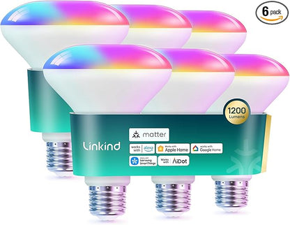 Linkind Matter Smart Light Bulb,1200LM BR30 Smart Flood Light Bulbs Compatible with Alexa, Apple Home, Google Home, RGBTW Recessed Color Changing Bulbs E26, 2.4GHz Only WiFi Light Bulbs LED, 6 Pack