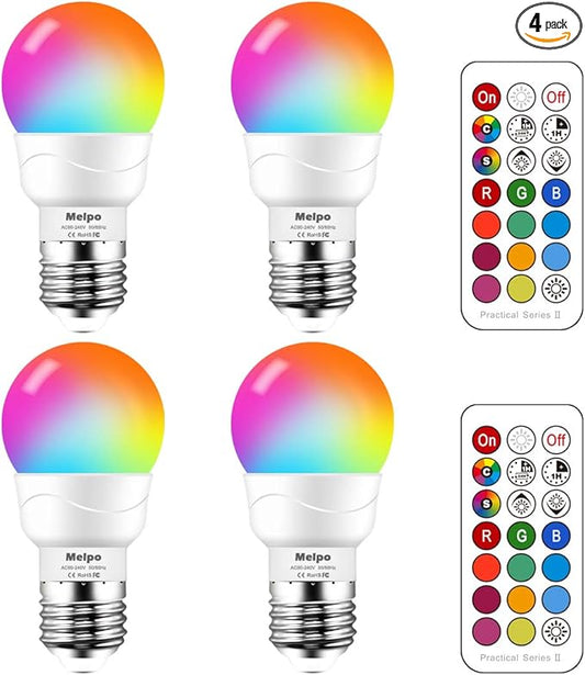 MELPO LED Color Changing Light Bulb with Remote Control, 5W 40W Equivalent, 470 LM,5700K, E26 Dimmable RGB Light Bulbs for Birthday Party/KTV Decoration/Household/Bar/Wedding (Pack of 4)