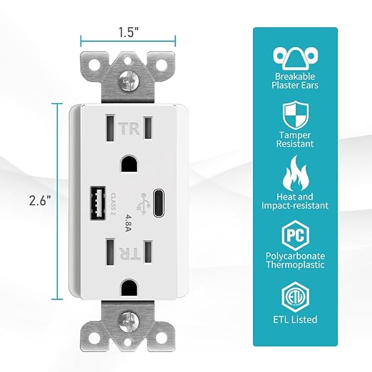 Micmi USB Outlet with C + A Wall Dual High Speed Receptacle Smart 4.8A Fast Charging Capability, 15Amp 125Volt, Tamper Resistant Wall Plate Included ETL Listed (2Pack, White, 15 Amp Outlet)