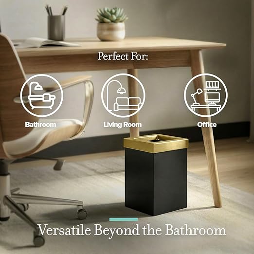 Gatco Small Bathroom Trash Can With Lid, Square 3 Gallon Stainless Steel Wastebasket, Under Sink, Matte Black And Brushed Brass, For Bathroom, Bedroom, Office (1934)
