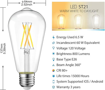 LVWIT WiFi Dimmable Vintage LED ST21 Edison Smart Bulb, 60 Watt Equivalent, E26 Base, 2700K - 6500K, Compatible with Alexa, Google Assistant, No Hub Required,4 Pack