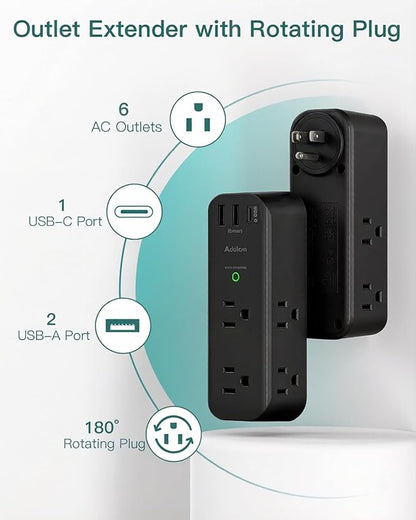 Addtam Surge Protector Outlet Extender with Rotating Plug, 6 AC Outlets & 3 USB Ports, 1800J Wall Power Strip, 3-Sided Spaced Outlet Splitter for Home, Office, Travel, Black