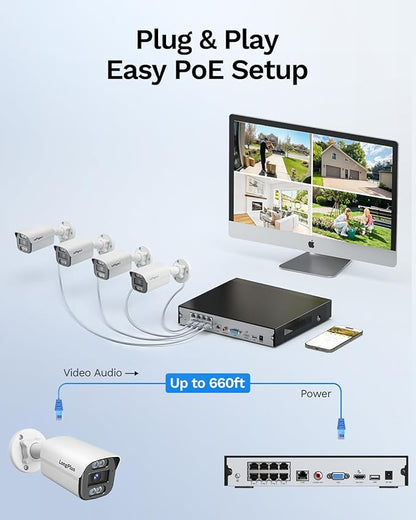8MP 4K UHD Poe Wired Security Camera for LongPlus Security Cameras System, Outdoor House Security Camera w/LED Spot Lights Color Night Vision, Red-Blue Alarm Lights & Sound, 24/7 Recording