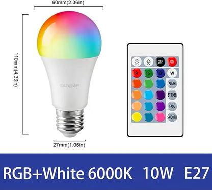 LED Color Changing Bulb, Smart RGB Night Light with Remote Control, Warm White 5/10/15W, E27 Base, 16 Colors for Home Decor Bedroom Stage Party Mood Light, 2 Pack (10W Warm White)