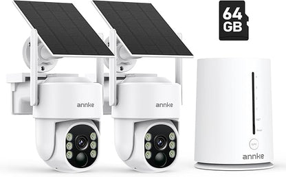 ANNKE 2.5K Wireless Security Camera Outdoor, 5MP 2-Cam Kit Solar Surveillance System, PIR Human Detection, 360° Pan&Tilt, Compatible with Alexa, Color Night Vision, No Monthly Fee, 64GB Memory Card