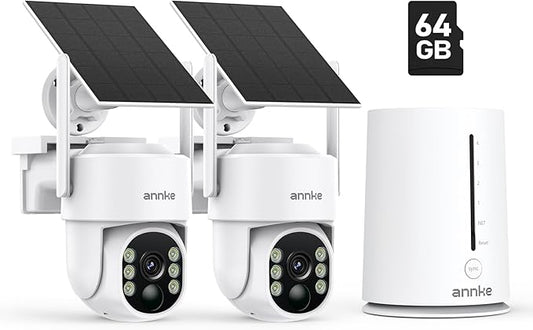 ANNKE 2.5K Wireless Security Camera Outdoor, 5MP 2-Cam Kit Solar Surveillance System, PIR Human Detection, 360° Pan&Tilt, Compatible with Alexa, Color Night Vision, No Monthly Fee, 64GB Memory Card