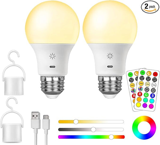LED Rechargeable Light Bulbs With Remote ＆ Touch Dimmable, E26 Battery Operated Light Bulb for Lamps, RGB 12 Colors, 2600mAh USB battery backup Light Bulb With Timer, A19 Small Light Bulbs 2 Pack
