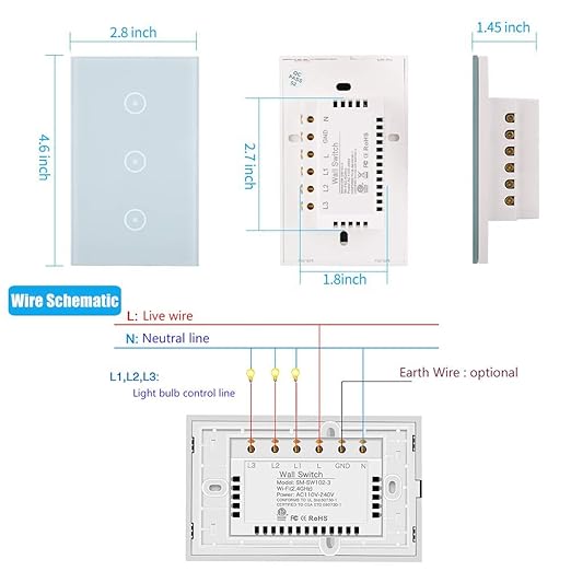 Jinvoo WiFi Wall Light Touch Panel Switch, 3 Way, Remote Control by Smart Phone,No Hub Required, AC 120V, Works with Amazon Echo, Google Home, White