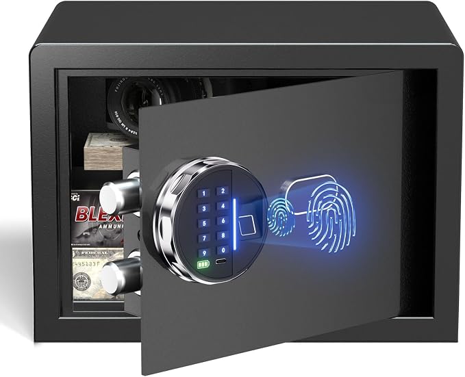 Grimtron 20LB Biometric Safe with Fingerprint Lock, 3-8 Digit PIN | 0.80 cu.ft. Safe with Silent Mode & LED & Backlit Keypad , 6.7M Combinations, Metal Knob, Removable Shelf & Easy Installation