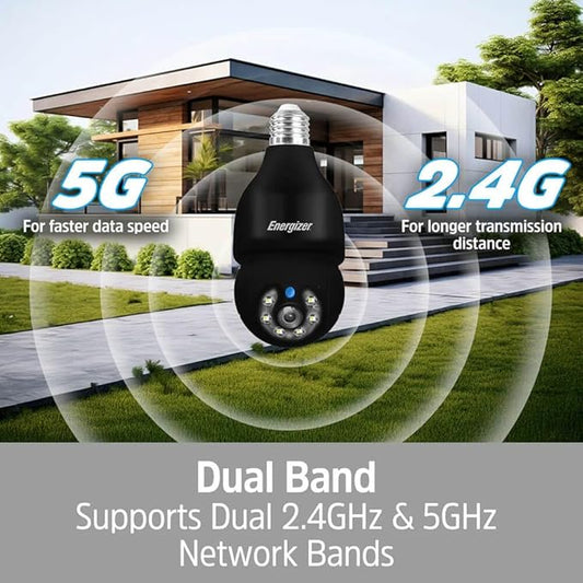 Energizer Smart Outdoor 2K QHD Security Socket Camera, 5GHz & 2.4 GHz Dual Band, Pan & Tilt Motion Tracking, 2-Way Audio, Night Vision, Recording, Instant Alerts, Voice Control with Google & Alexa,