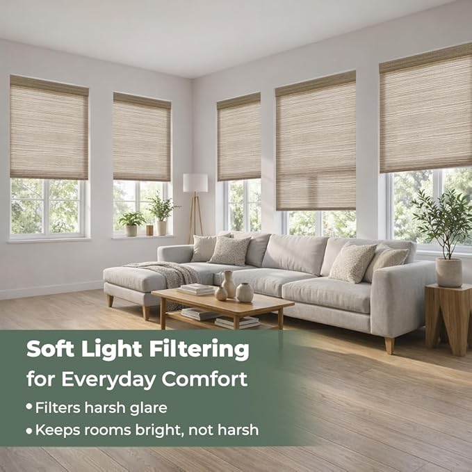 ZSHINE Motorized Linen-Look Roller Shades for Windows, Rechargeable Smart Light Filtering Blinds Compatible with Alexa (82190E)