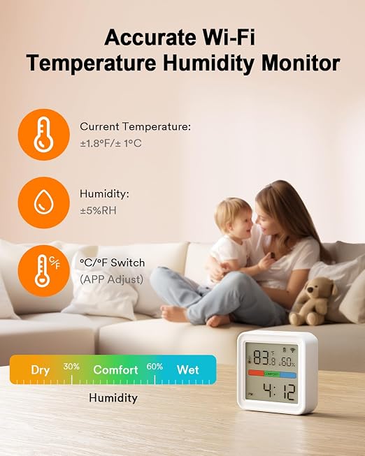 Lumary Smart Thermometer Hygrometer, WiFi & Bluetooth Indoor Temperature Humidity Sensor with App Alert, Led Display, Free Data Storage Export, Digital Remote Monitor for Home & Bedroom