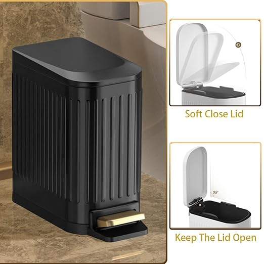 SIDIANBAN Bathroom Trash Can with Lid Soft Close and Foot Pedal, Small Rectangular Slim Garbage Can with Inner Wastebasket for Bedroom, Office, Kitchen, 1.6Gal/6L (Black)