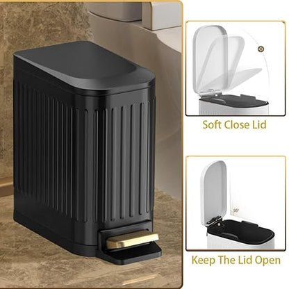 SIDIANBAN Bathroom Trash Can with Lid Soft Close and Foot Pedal, Small Rectangular Slim Garbage Can with Inner Wastebasket for Bedroom, Office, Kitchen, 1.6Gal/6L (Black)