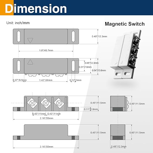 2 Pack Magnetic Reed Switch NC NO, Wired Door Window Alarm Sensor, White | Surface mount design, 22AWG leads, Includes screws, tape and screwdriver