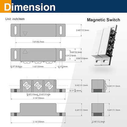 2 Pack Magnetic Reed Switch NC NO, Wired Door Window Alarm Sensor, White | Surface mount design, 22AWG leads, Includes screws, tape and screwdriver
