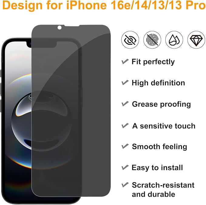 PEHAEL 3 Pack for iPhone 17e/iPhone 16e/iPhone 14/iPhone 13/iPhone 13 Pro Privacy Screen Protector Full Coverage Anti-Spy Tempered Glass Film 9H Hardness Easy Installation Bubble Free [6.1 inch]