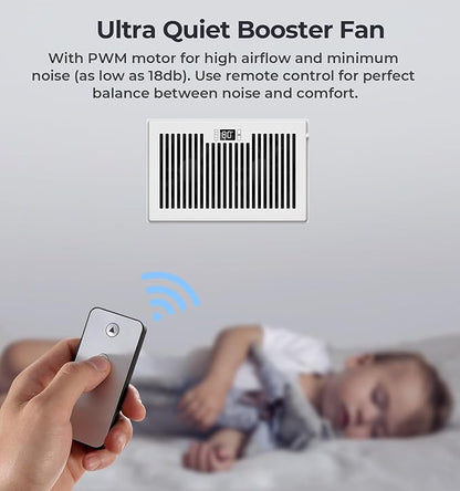 BIOWIND Quiet Register Booster Fan Fits 6" x 10" Register Holes, 10-Speed Smart Heating Cooling AC Vent Fan with Remote Control and Thermostat Control - White