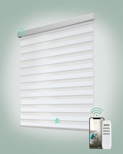 Yoolax Motorized Zebra Blinds, Remote Zebra Shades for Indoor Windows, Motorized Shades with Remote Light Control Horizontal Window Blinds Custom Size(90% Shading White Matte)