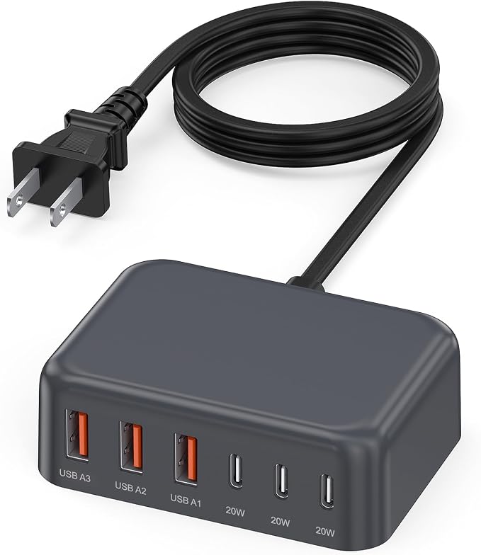 100W 6 in 1 USB Charger, 50% Smaller Charging Station for Multiple Devices | Fast Charging Blocks with Type C Port, USB Charging Hub Organizer Multiport Power Strip for iPhone,Samsung,Ipad,Kindle,Travel