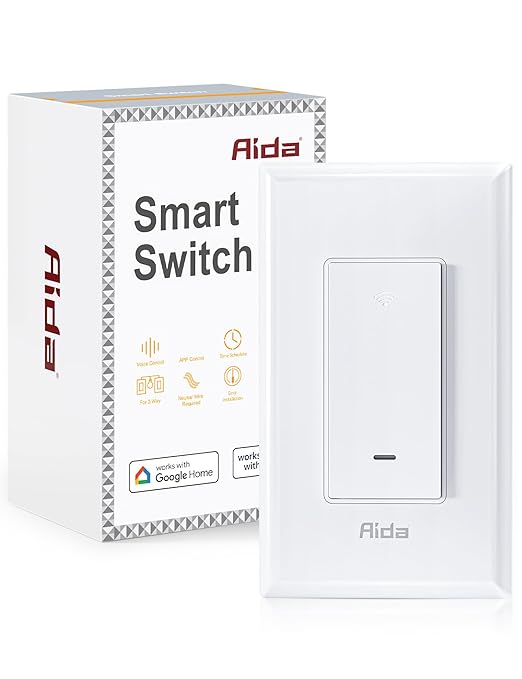 AIDA Smart Light Switch, 3 Way WiFi Smart Switch, Compatible with Alexa and Google Home, Neutral Wire Required, 2.4Ghz WiFi Switch for LED, CFL, Incandescent Bulbs, No Hub Required, White, 1 Pack