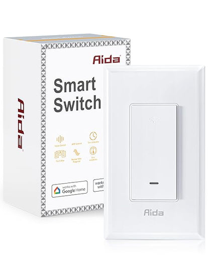 AIDA Smart Light Switch, 3 Way WiFi Smart Switch, Compatible with Alexa and Google Home, Neutral Wire Required, 2.4Ghz WiFi Switch for LED, CFL, Incandescent Bulbs, No Hub Required, White, 1 Pack
